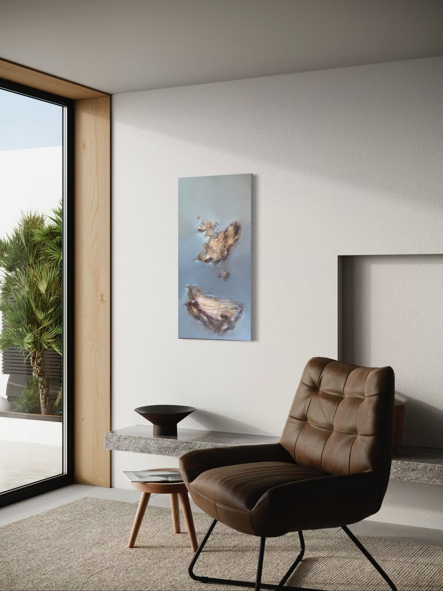 Modern interior with a brown leather chair, abstract painting, and large window.