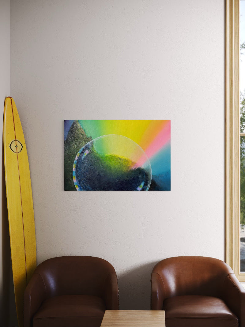 Colorful abstract painting on a wall above two brown chairs with a yellow surfboard to the left.