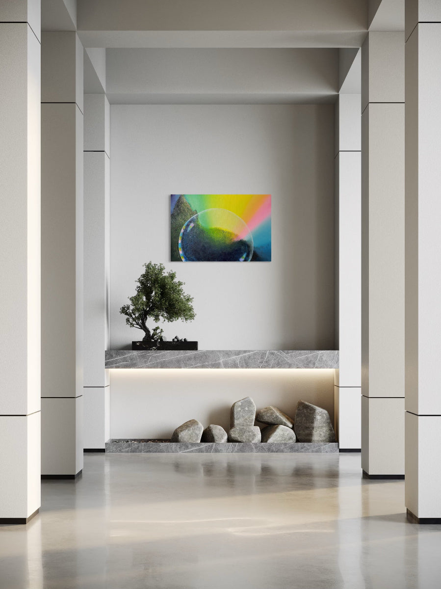Modern interior with a colourful abstract painting on a white wall.