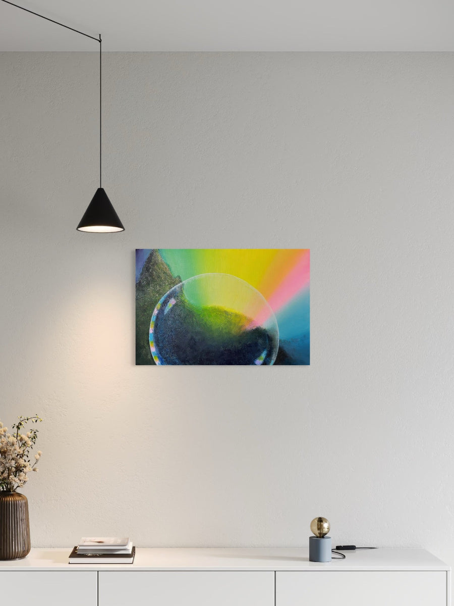 Colorful abstract painting on a wall above a white shelf with decorative items.
