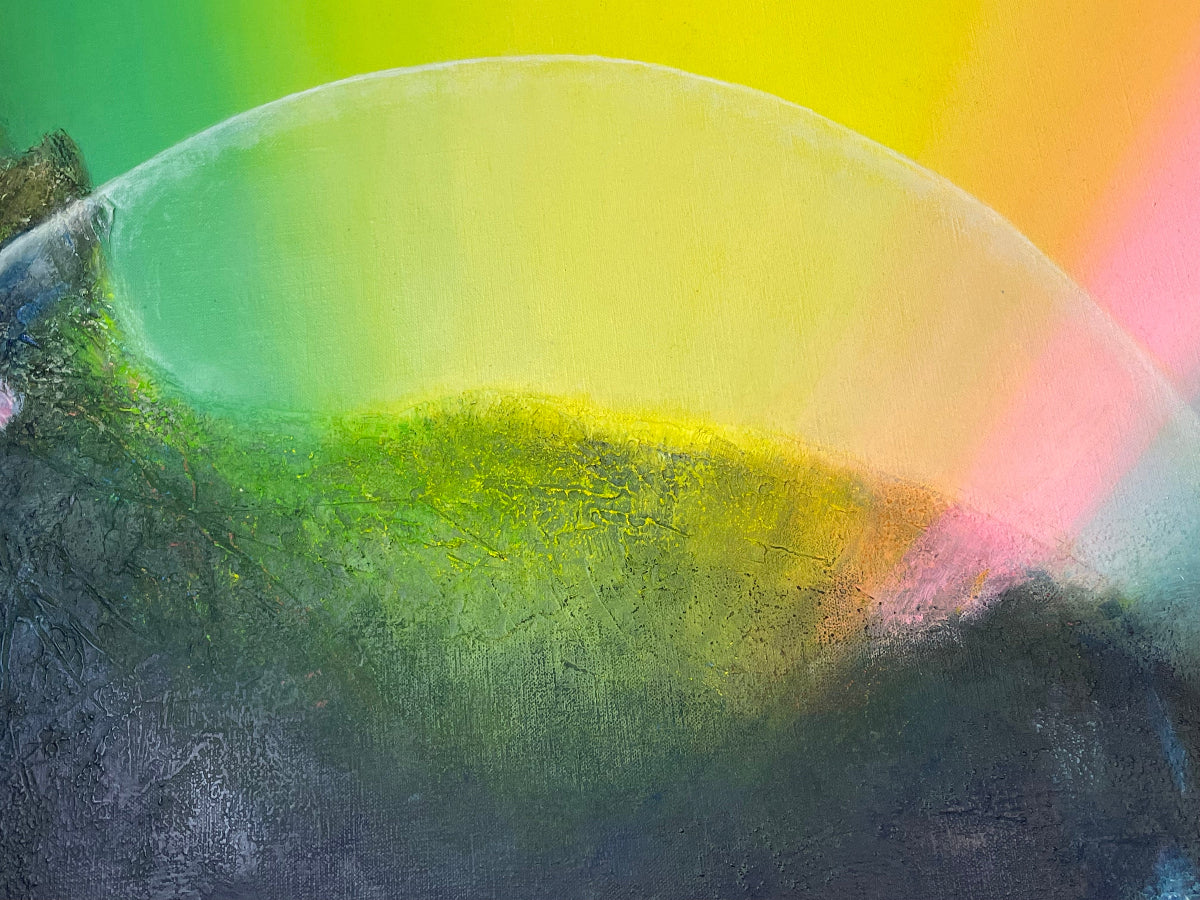 Abstract art with a gradient of colors from green to pink on a textured surface.