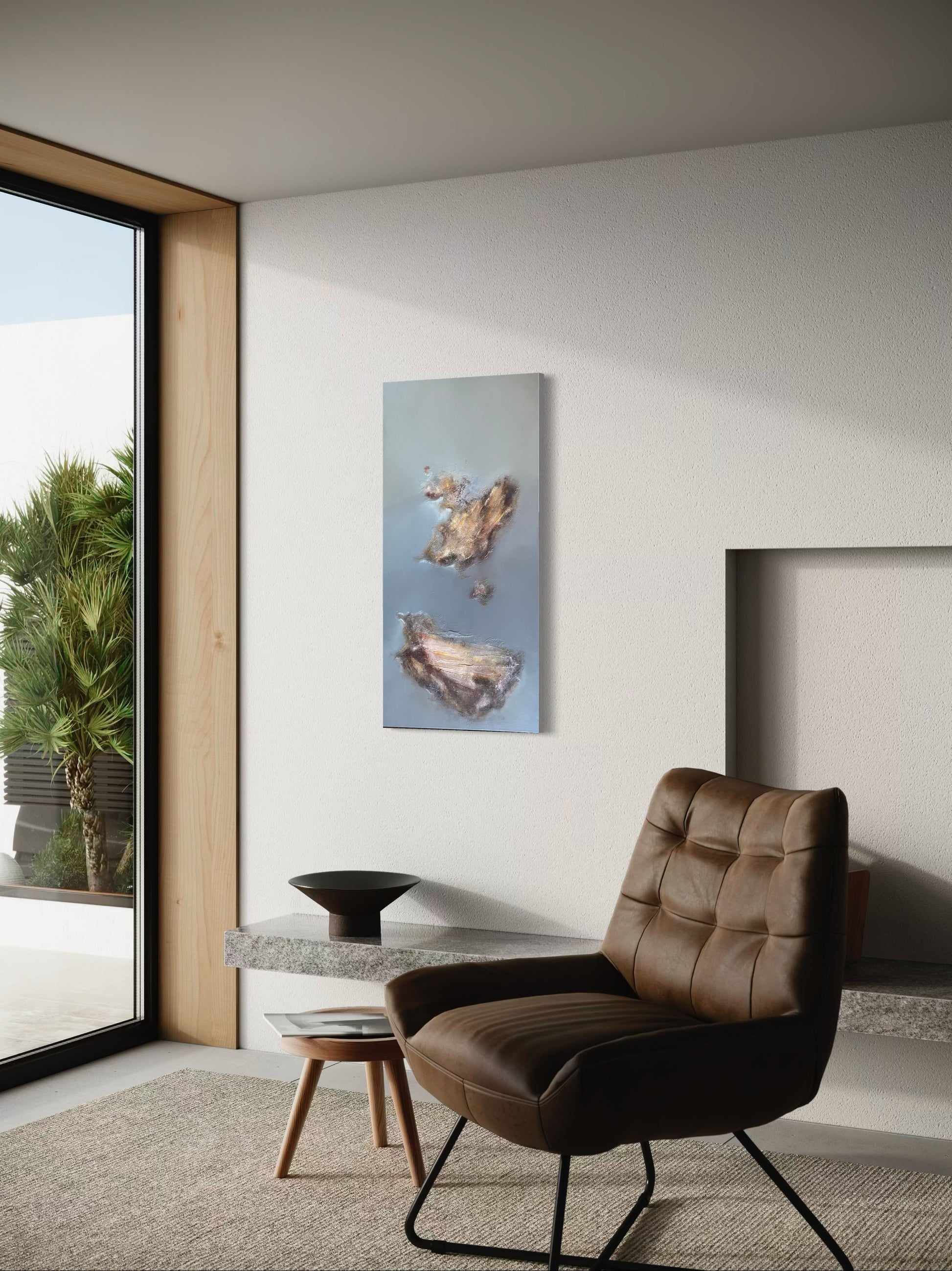 Modern interior with a brown leather chair, abstract painting, and large window.
