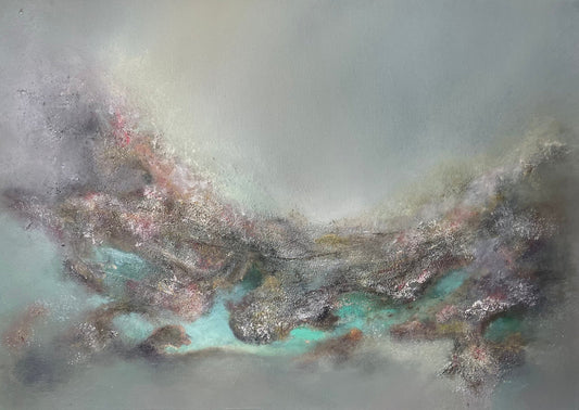Abstract art with smoky textures and earthy tones on a gray background