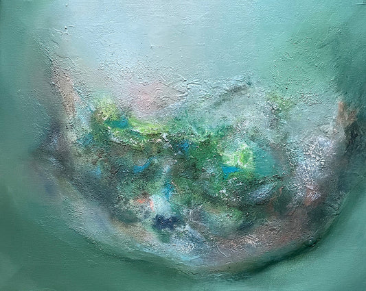 Abstract painting with green and brown hues on a textured surface